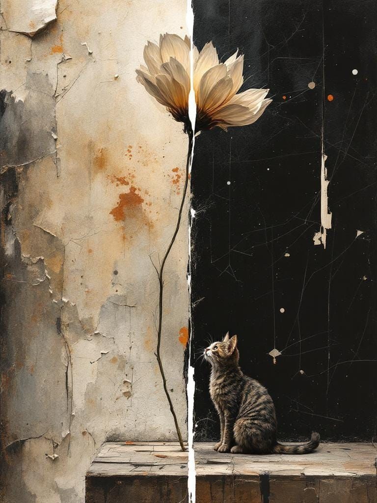 Cat Under Flower with Layered Textures and Light Effects