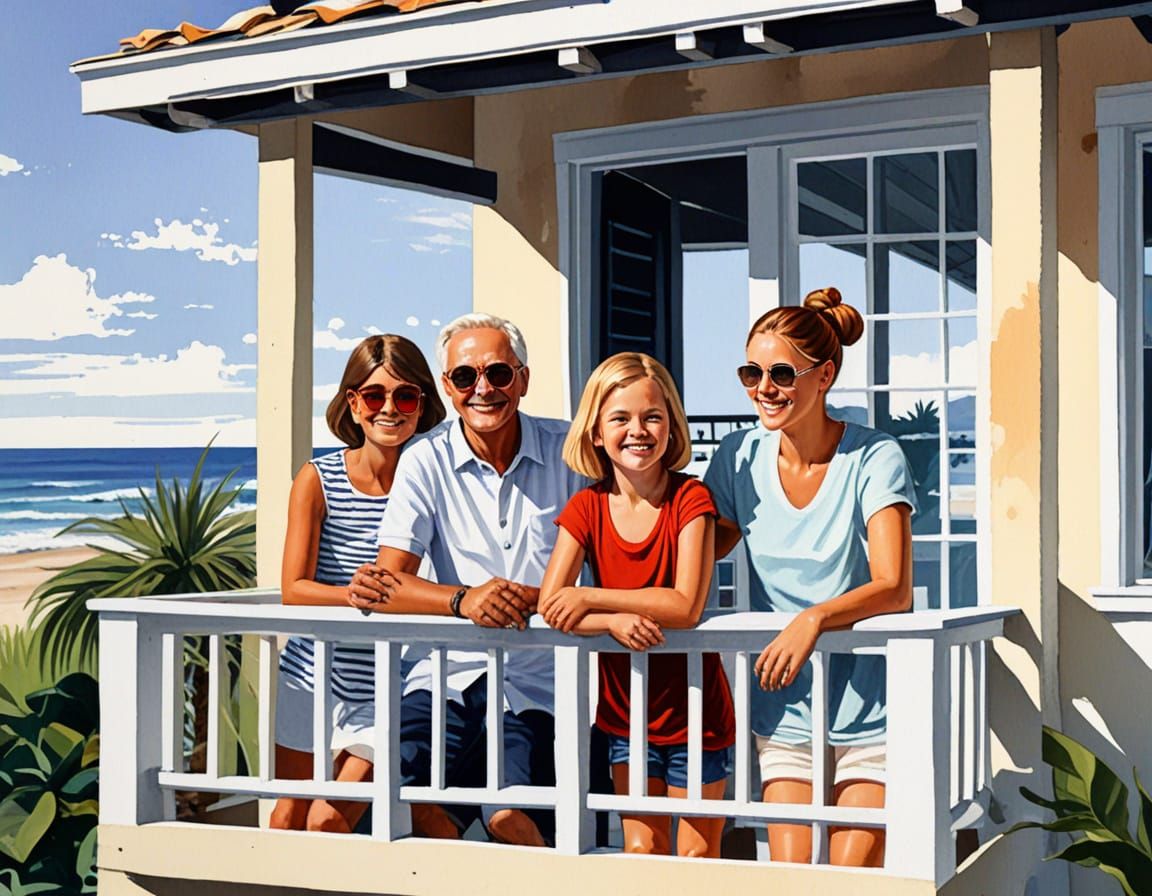 Vibrant Family Portrait in Gouache on a Balcony Overlooking ...