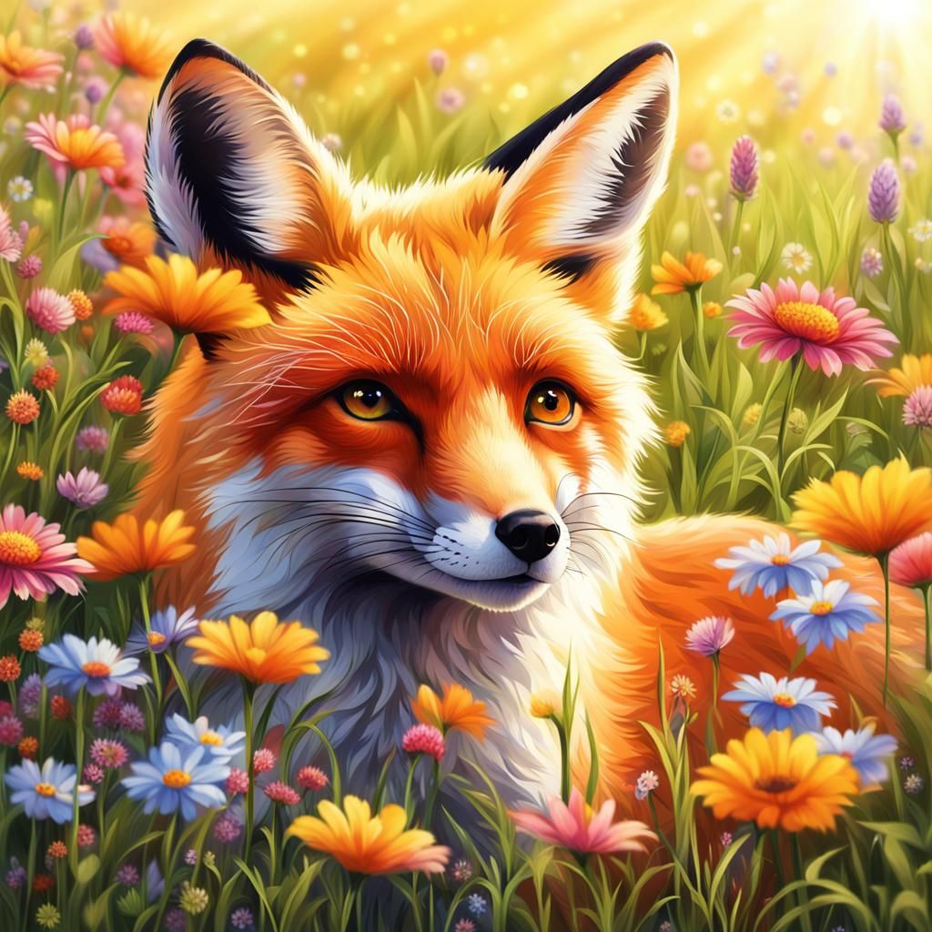 Fox Peeking from a Sunny Meadow of Flowers