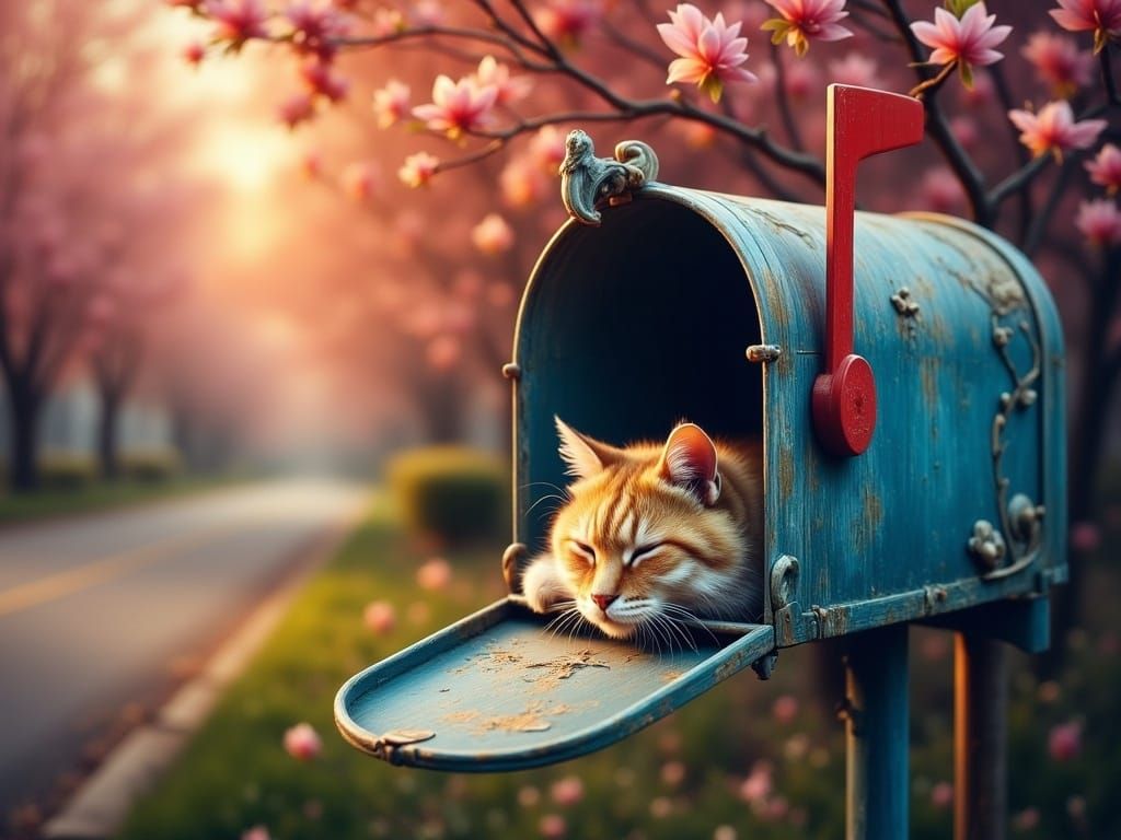 Surreal Sunrise Mailbox Sanctuary with Sleeping Cat