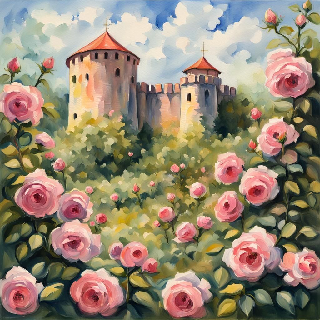Fortified Rose Fortress in Impressionist Gouache Style