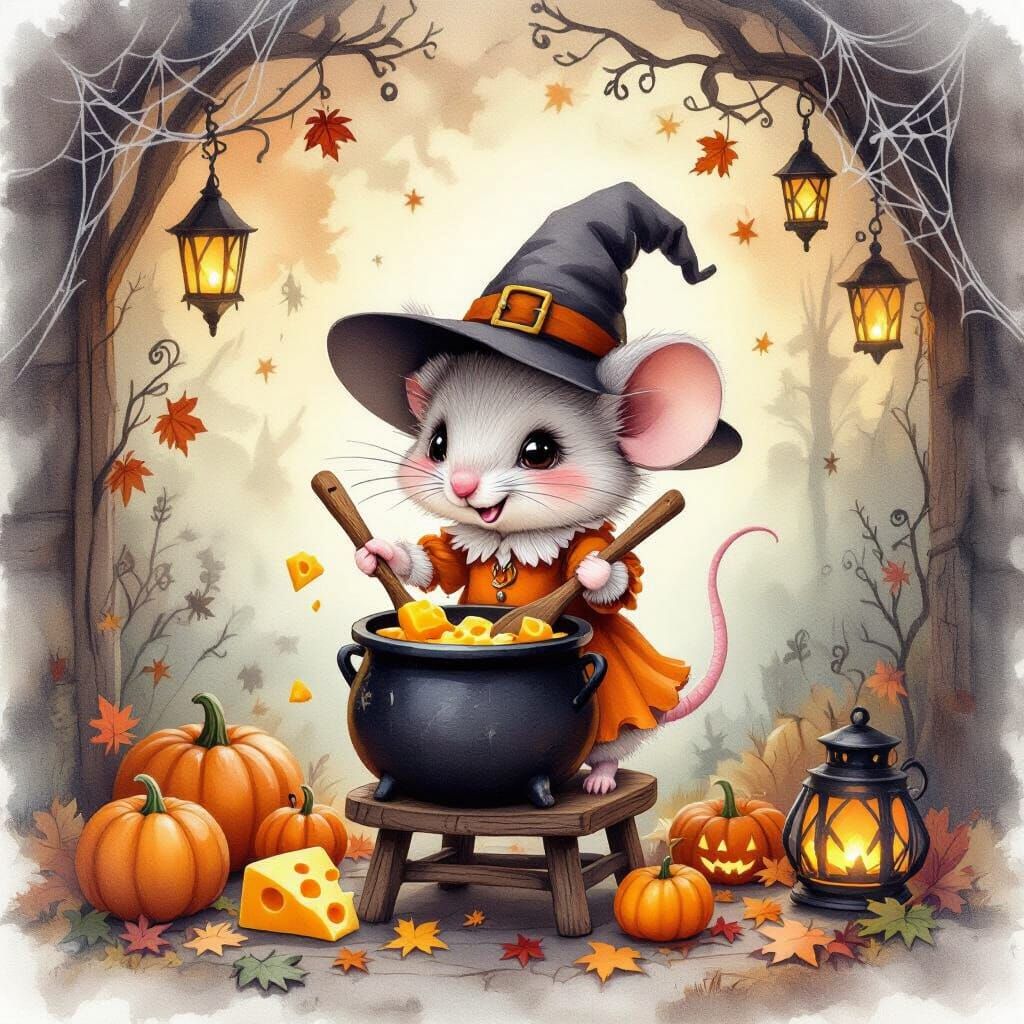 Whimsical Witch Mouse Brewing Potion in Autumnal Setting