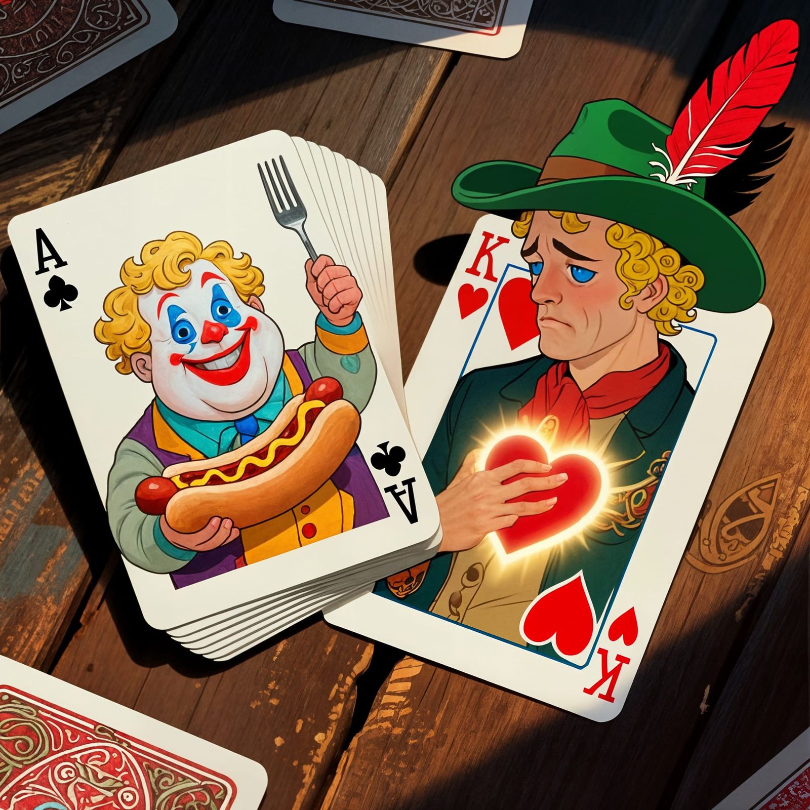 Joker and Cowboy King of Hearts Playing Cards on Table