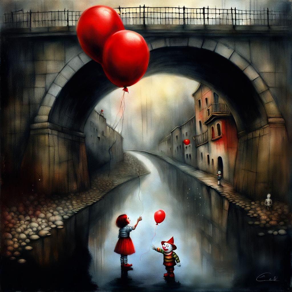 Surreal Girl and Clown Under a Bridge