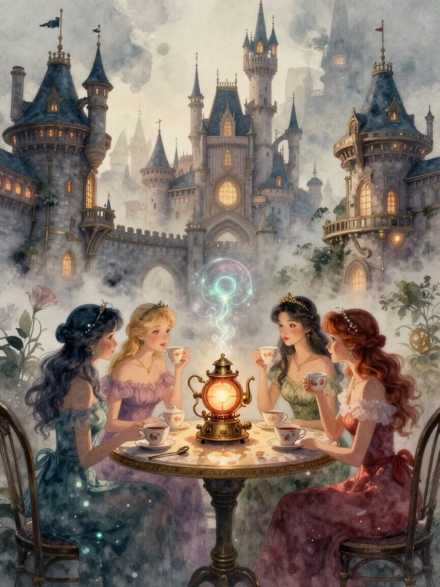 Bioluminescent Fairies in Steampunk Castle Watercolor