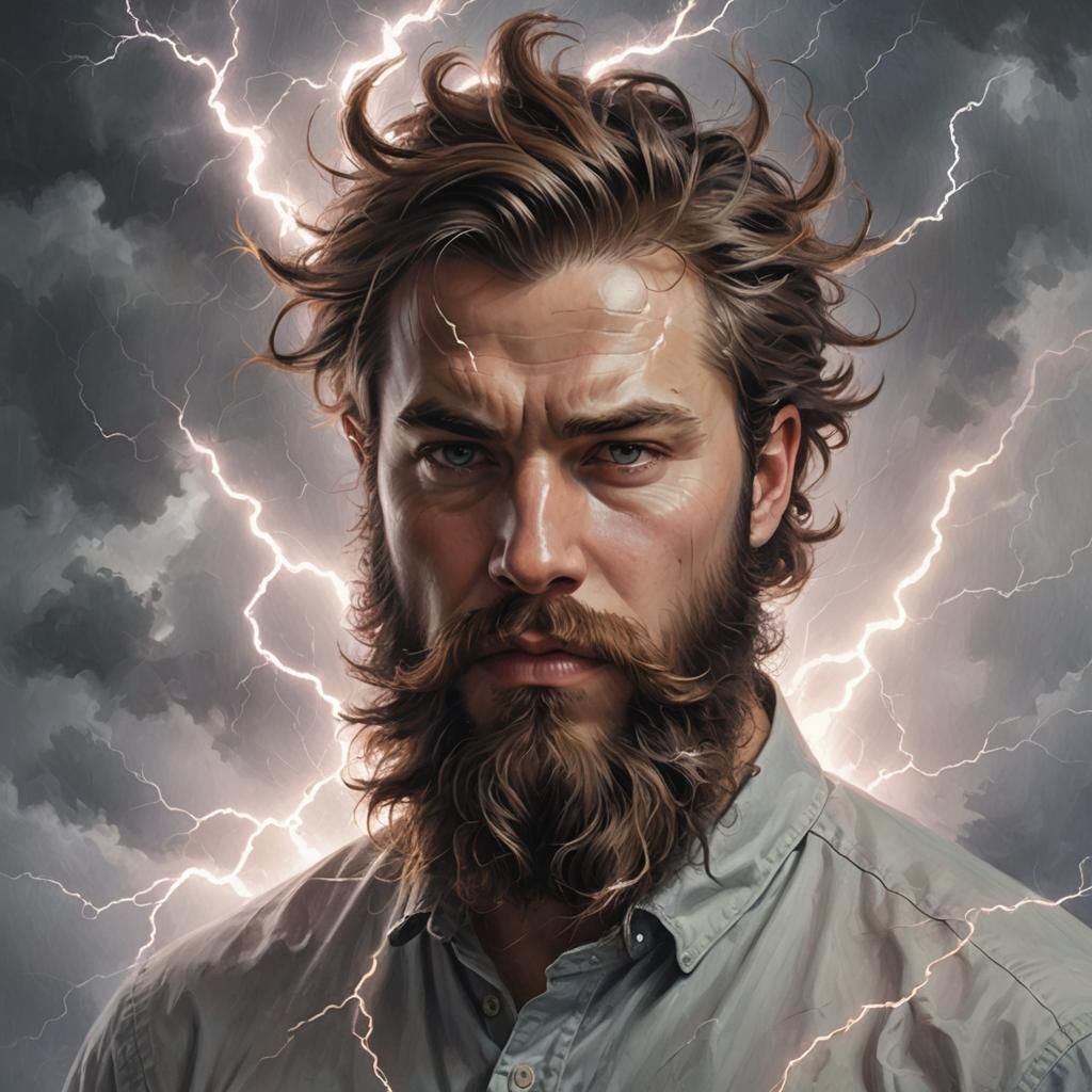 Surreal Man with Beard Engulfed in Lightning