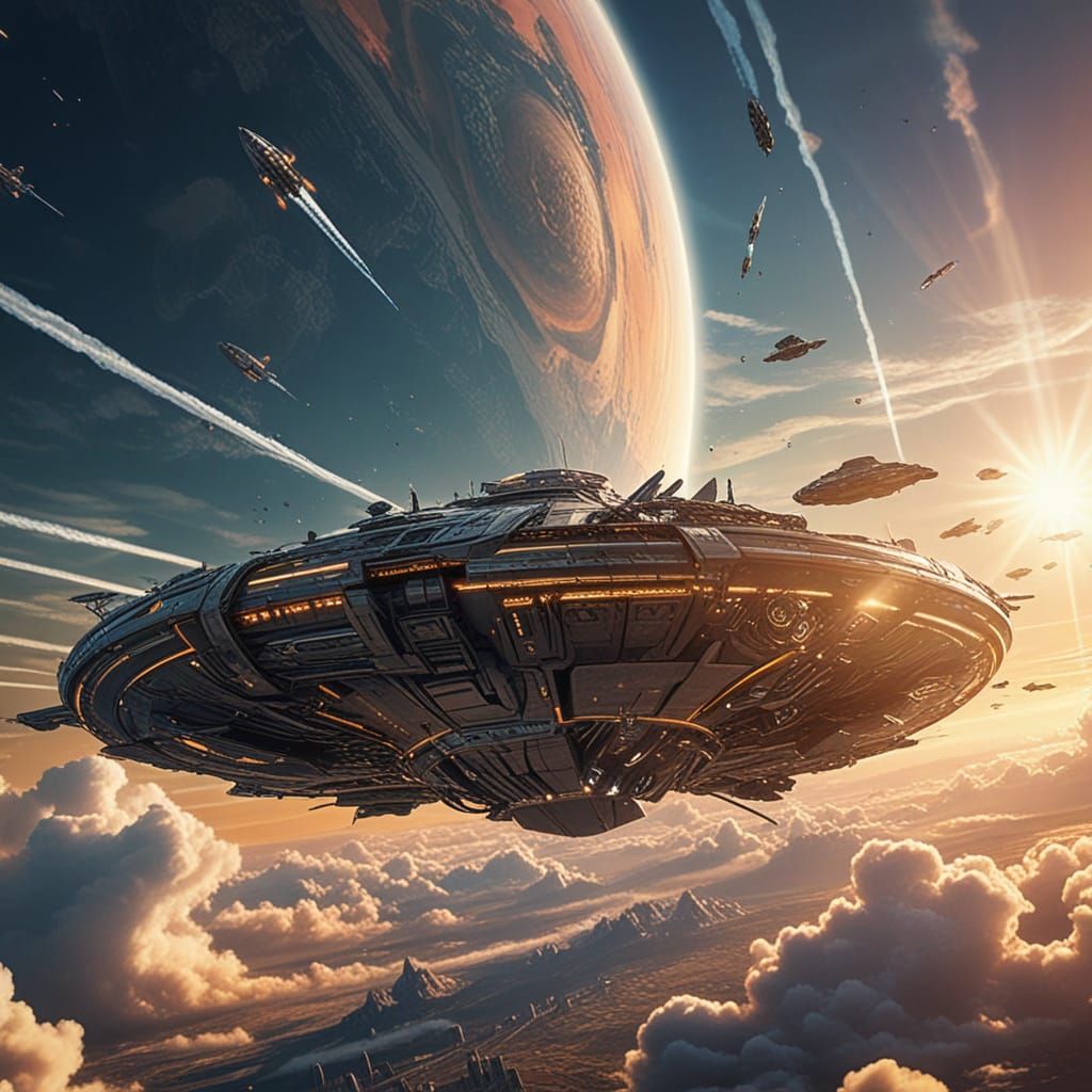 Circular Spaceship Ascending into Stratosphere in Digital Ar...