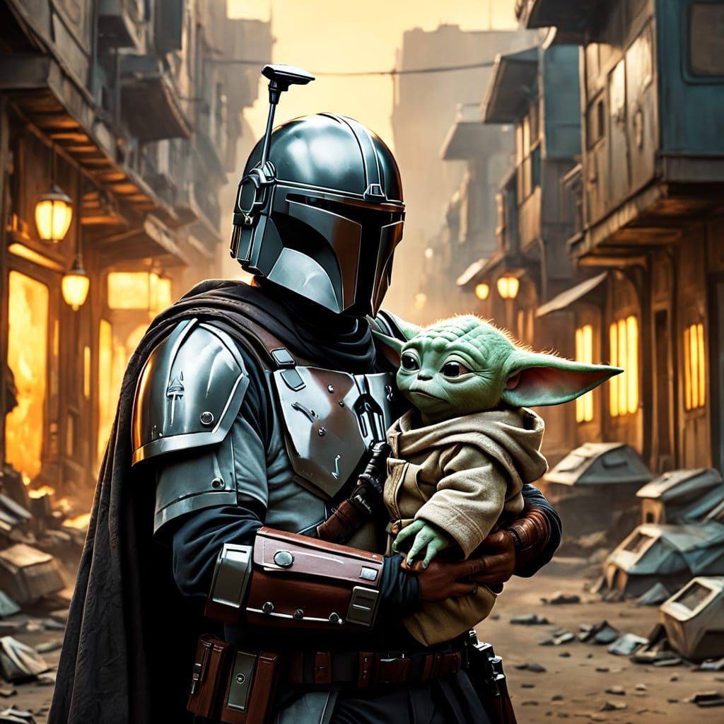 The Mandalorian Protects Baby Yoda: Cinematic Film Still