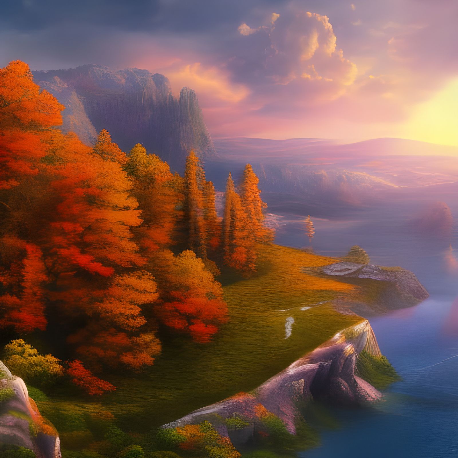 Cliffside Autumn Landscape in Detailed Matte Painting