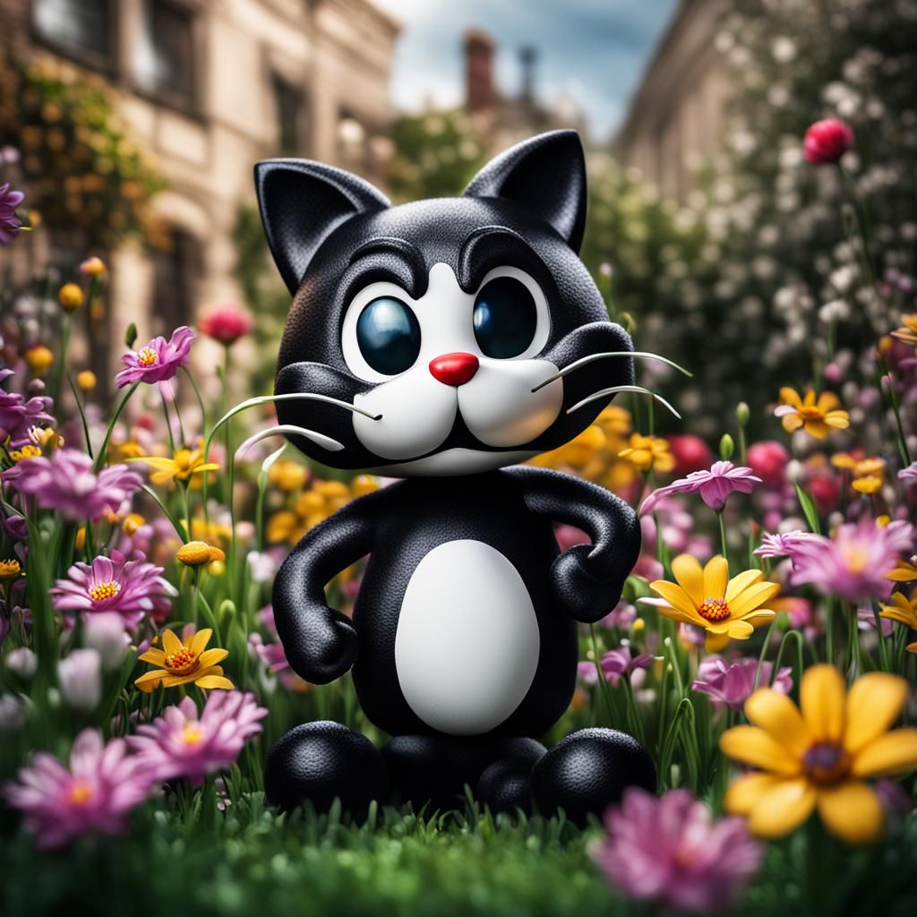 Hyperrealistic Felix the Cat with Spring Flowers