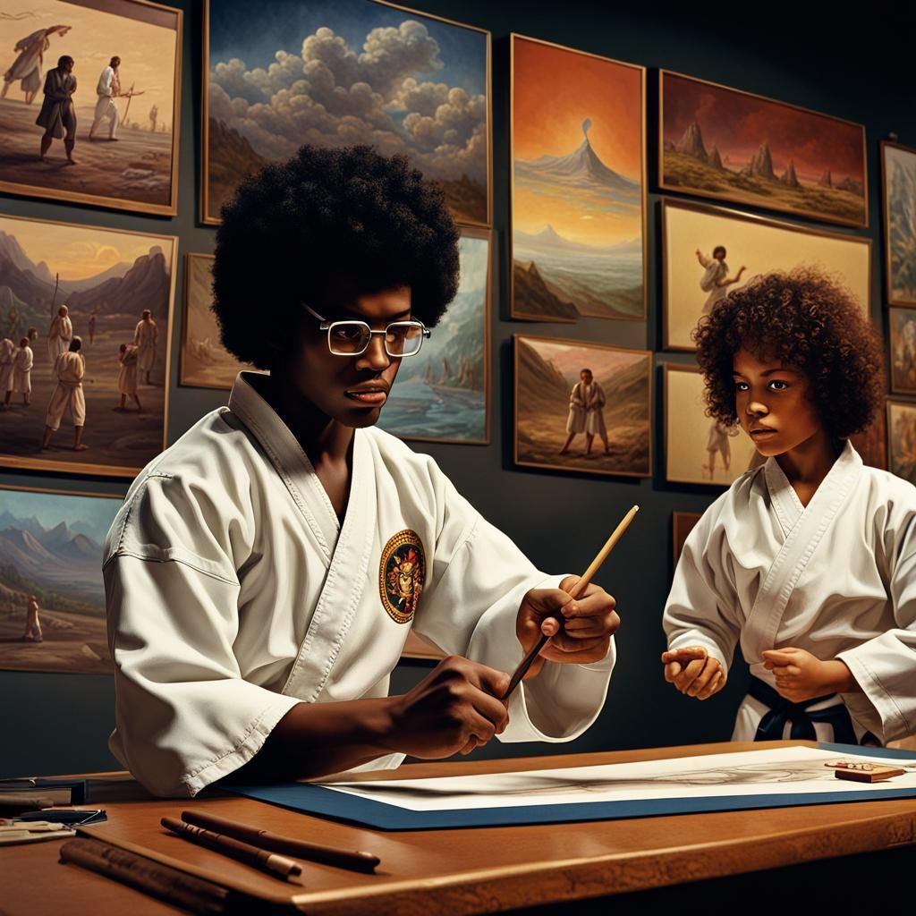 1970s Karate Class at Museum with Student Art