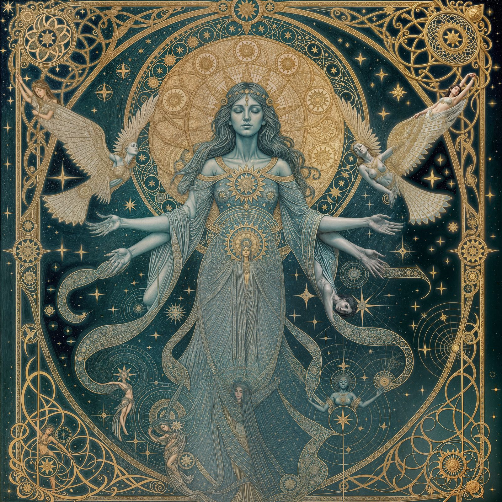 Art Nouveau Celestial Goddess with Zodiac Wheel