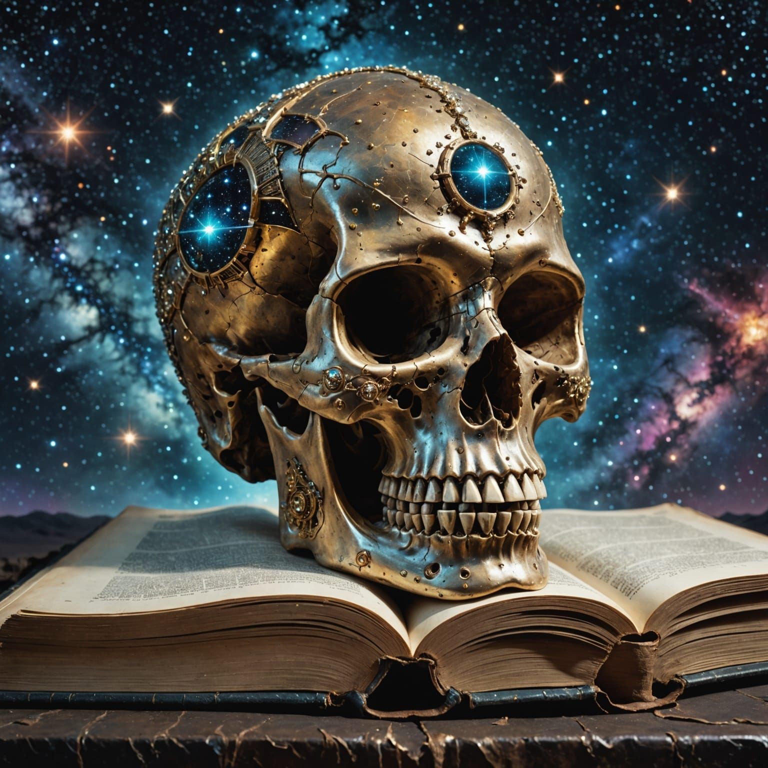 Celestial Crystal Skull on Ancient Tome in Deep Space