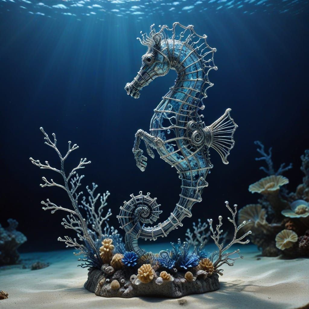 Silver Wire Seahorse Sculpture in Blue Underwater Scene