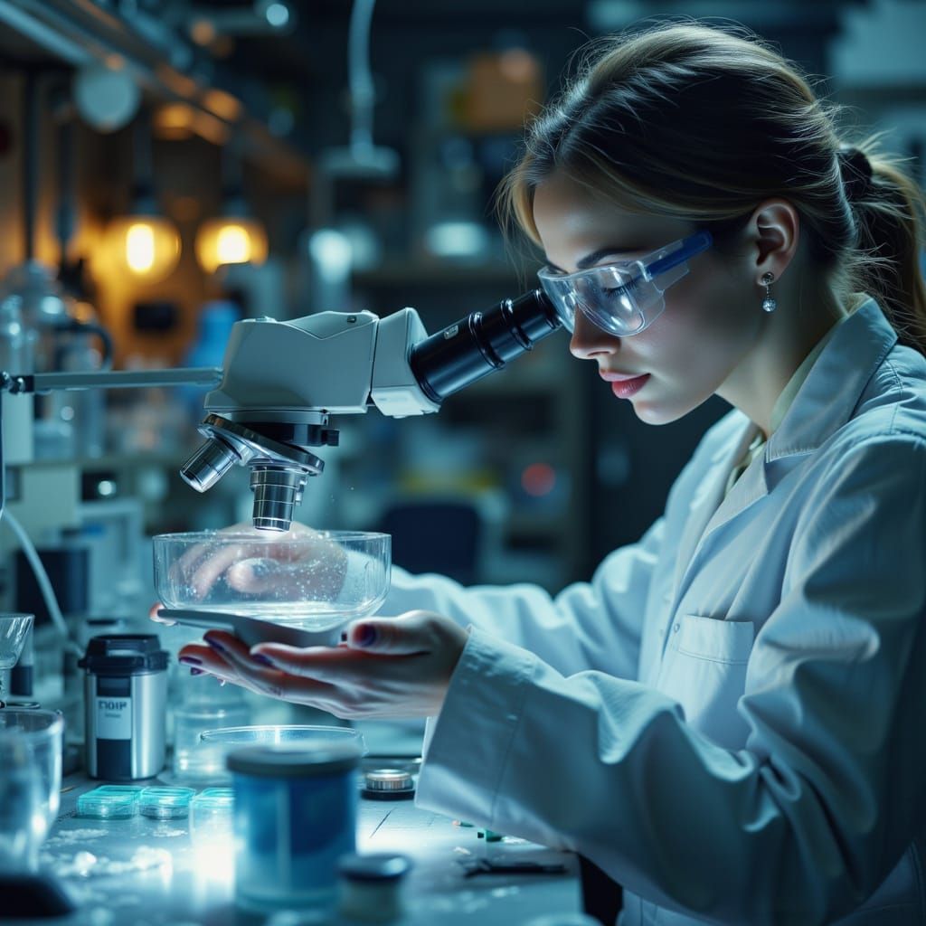 Hyperrealistic Scientist Observes Bacteria Sample in Laborat...