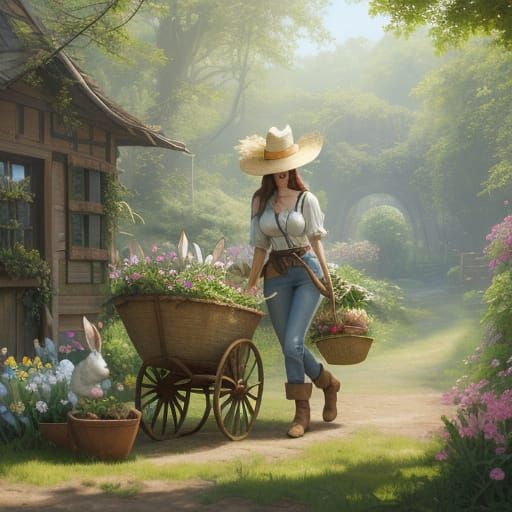 Whimsical Easter Bunny in Jeans and Straw Hat, Pushing a Whe...