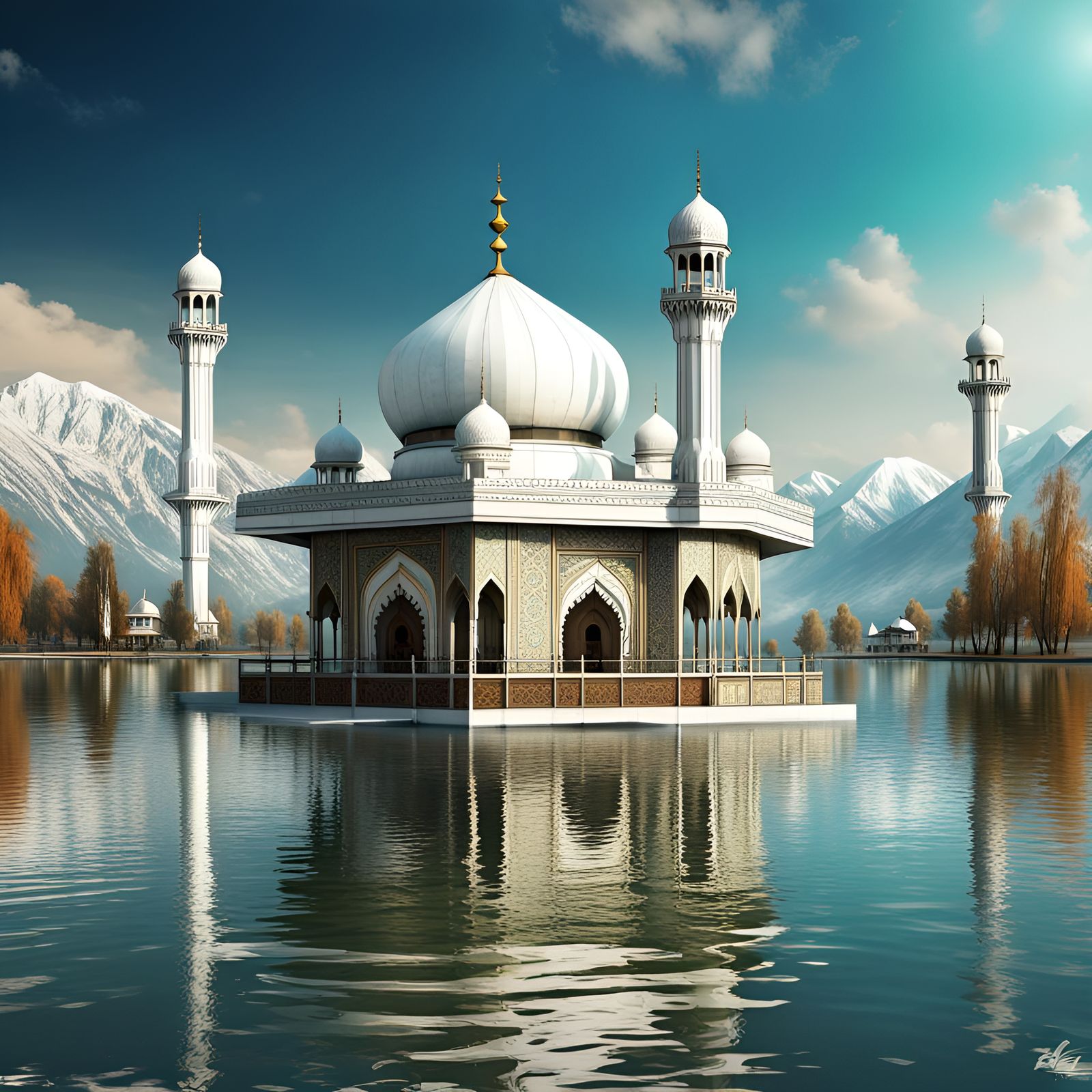 Hazratbal Shrine on Dal Lake in Cyberpunk Style