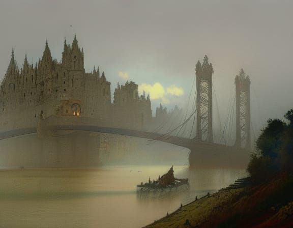Albert Bridge in Misty Morning, Detailed Illustration