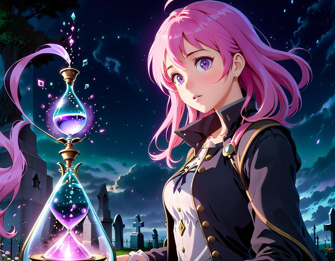 Pink-Haired Magic User in Studio Ghibli Style