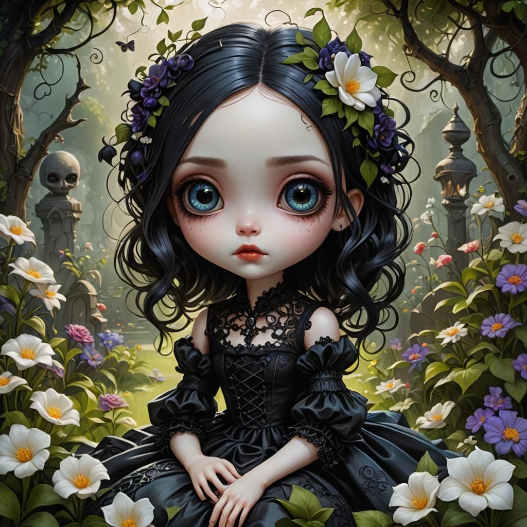 Gothic Chibi Girl in Tim Burton Garden