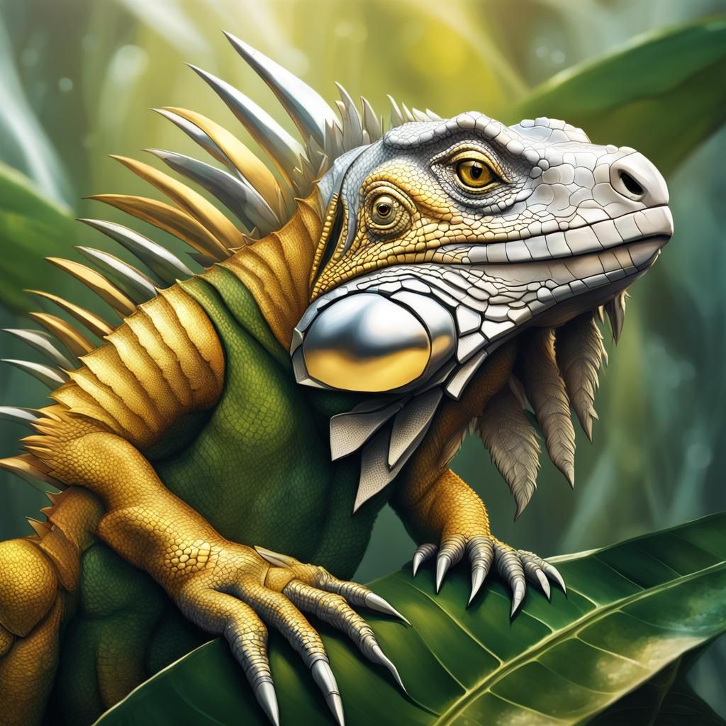 Armored Iguana on Leaf: Hyperrealistic Concept Art