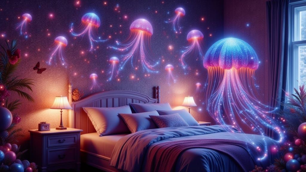 Whimsical Bedroom Sanctuary with Projector Lamp and Iridesce...