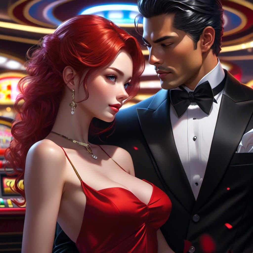 Vibrant Red-Haired Woman at Casino in 16k
