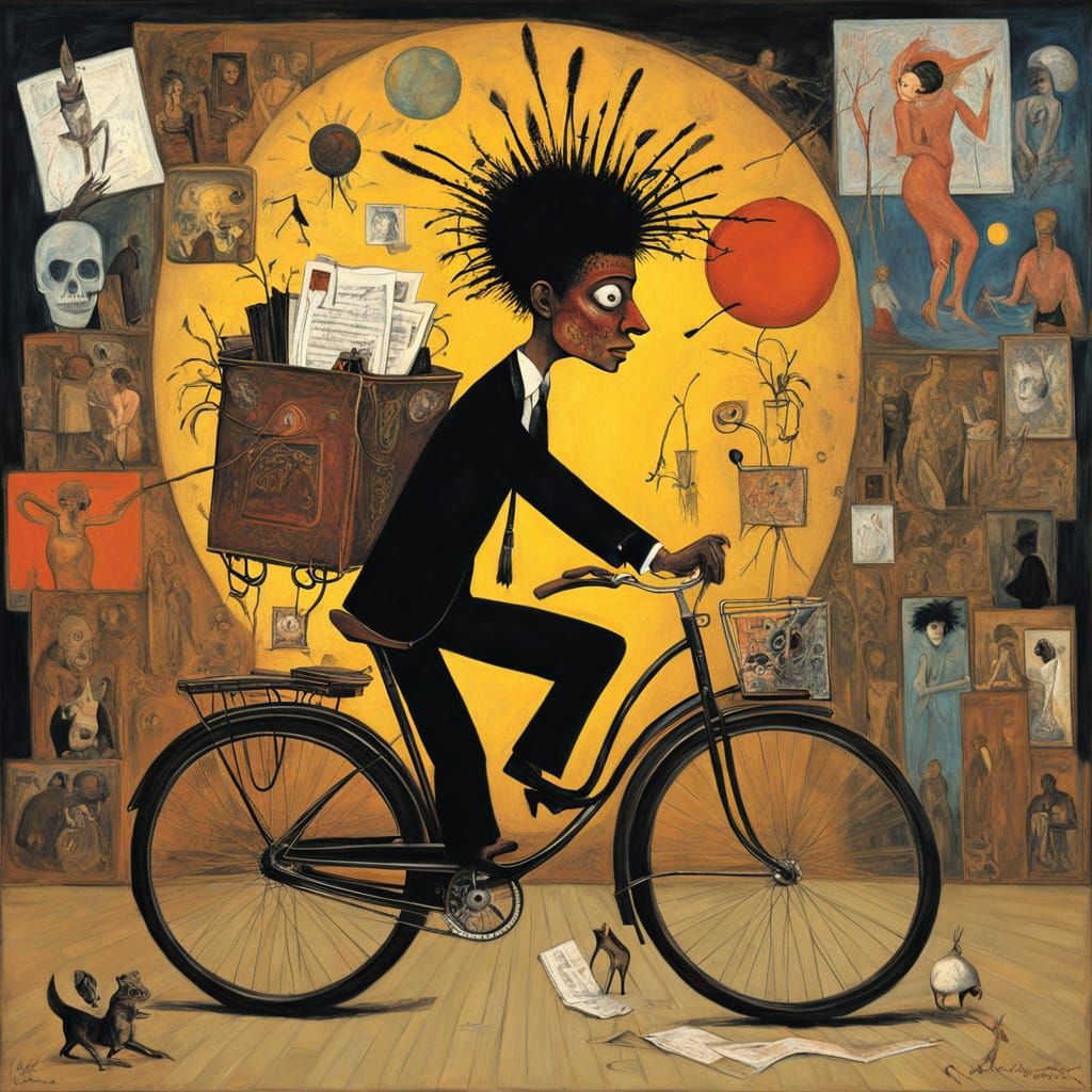 Postman on Bicycle Through Village: Surreal Art