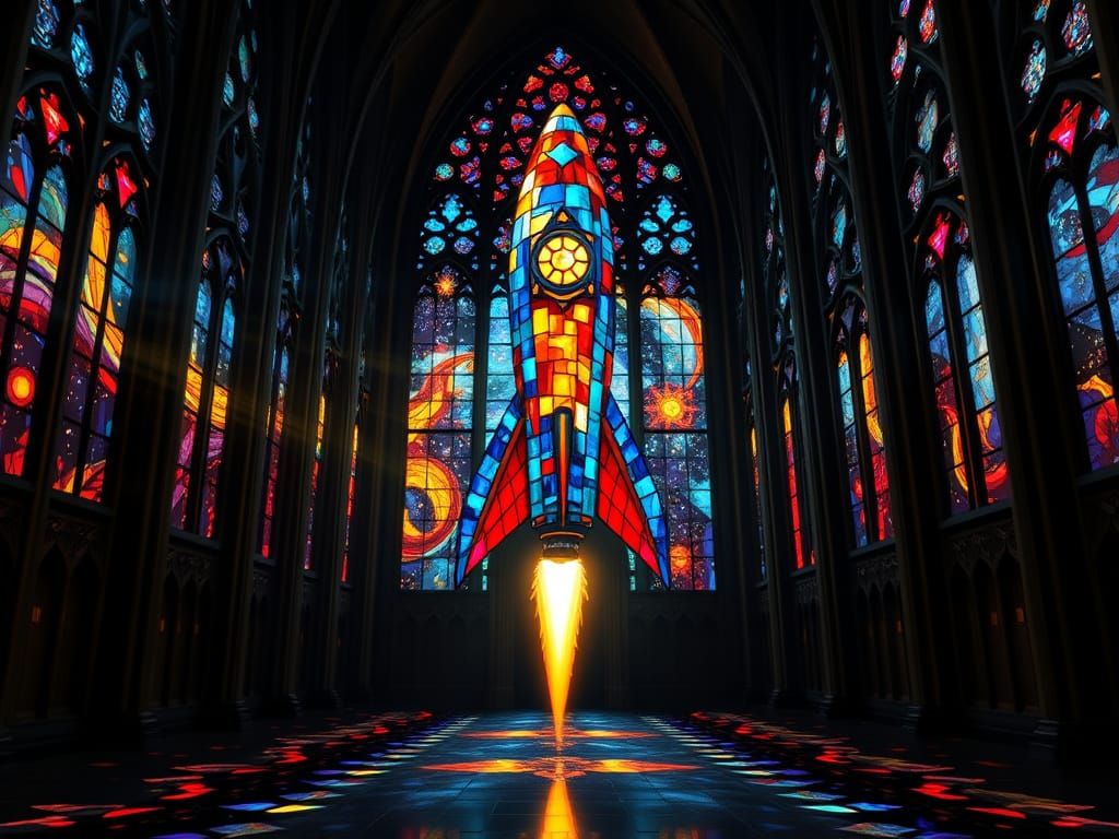 Stained Glass Rocket in Gothic Cathedral
