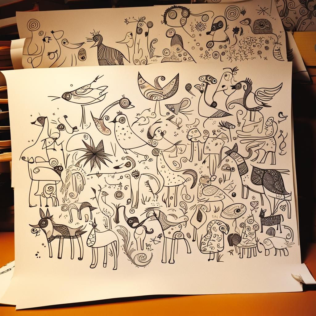 Crowded Doodles of Unusual Creatures on Scrap Paper