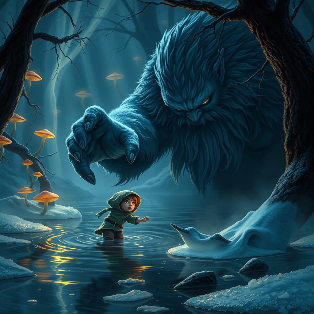 Jötunn Saves Hobbit from Icy Pond in Dark Fantasy Scene