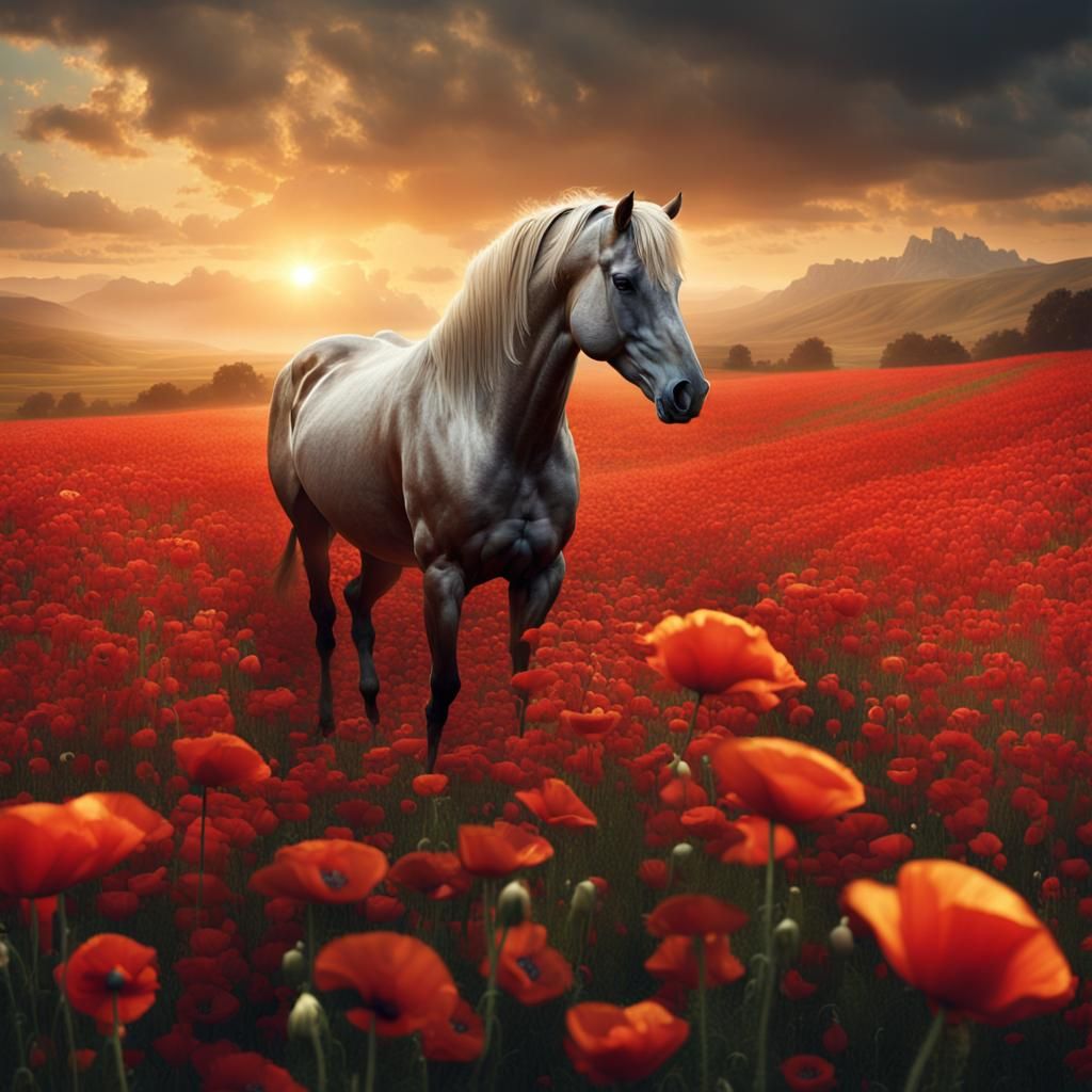 Golden Horse in Poppy Field: Dramatic Digital Painting