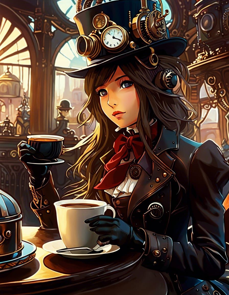 Steampunk Girl Enjoying Coffee in Detailed Digital Art