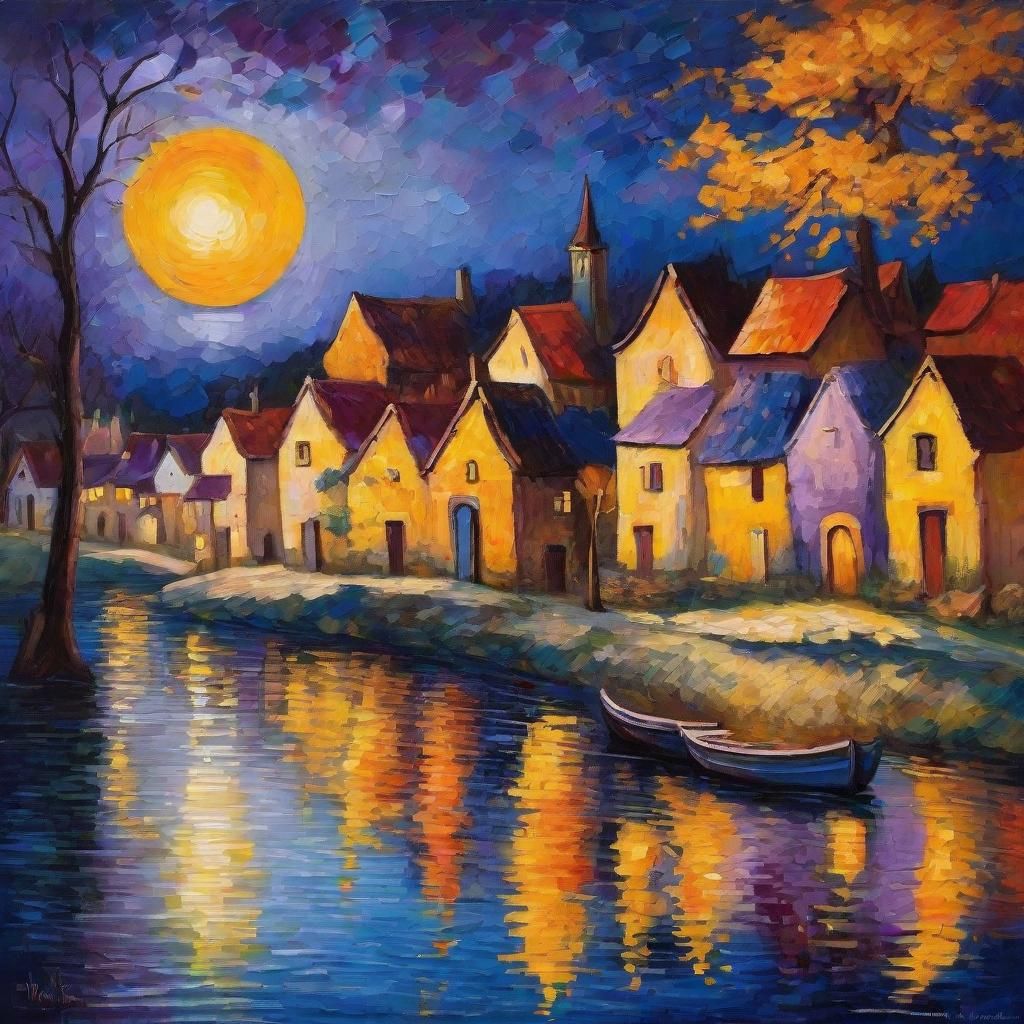 Medieval Village Under Yellow Moon: Neo-Impressionist Painti...