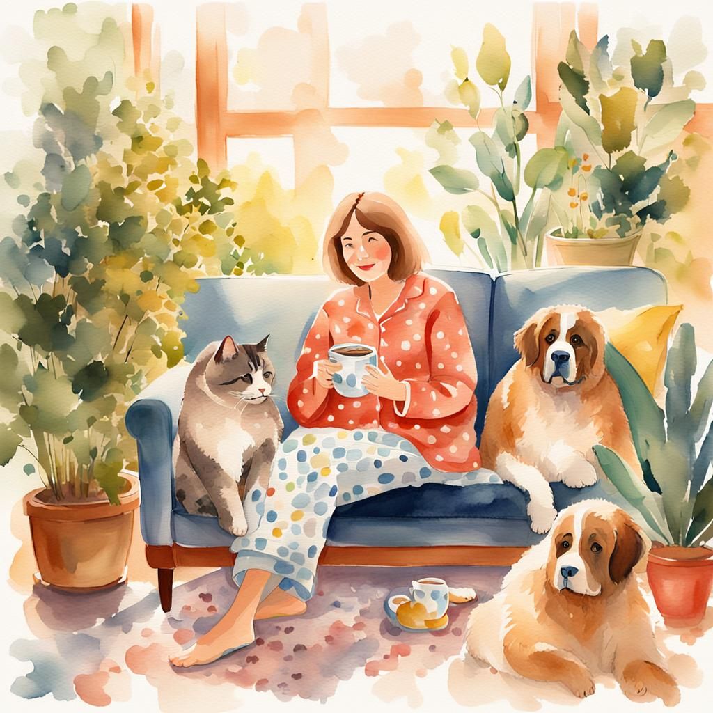 Cozy Impressionist Watercolor of Woman with Pets