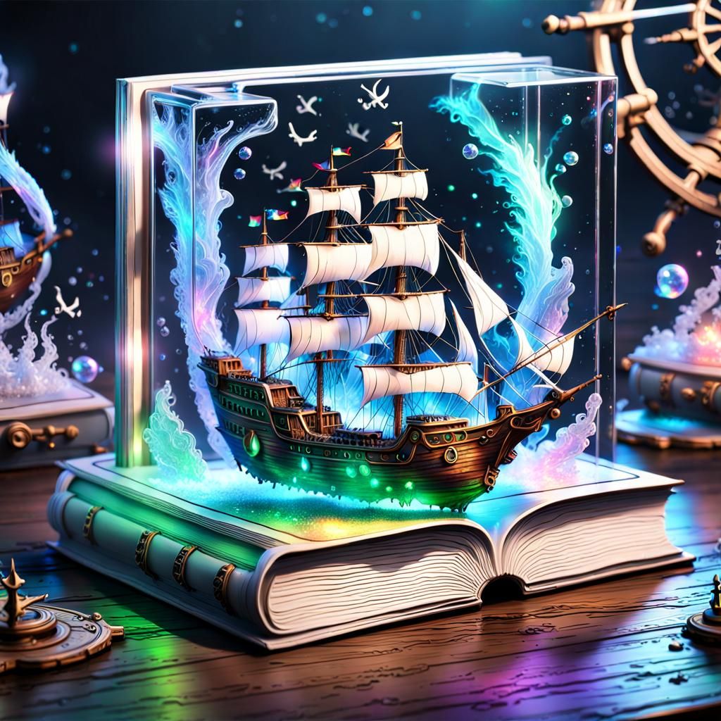 Crystal Book with Pirate Ship and Aurora Borealis
