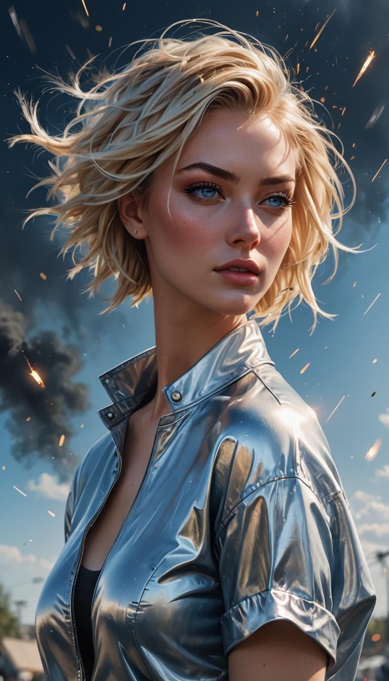 Hyperrealistic Girl with Blonde Bob and Sparks