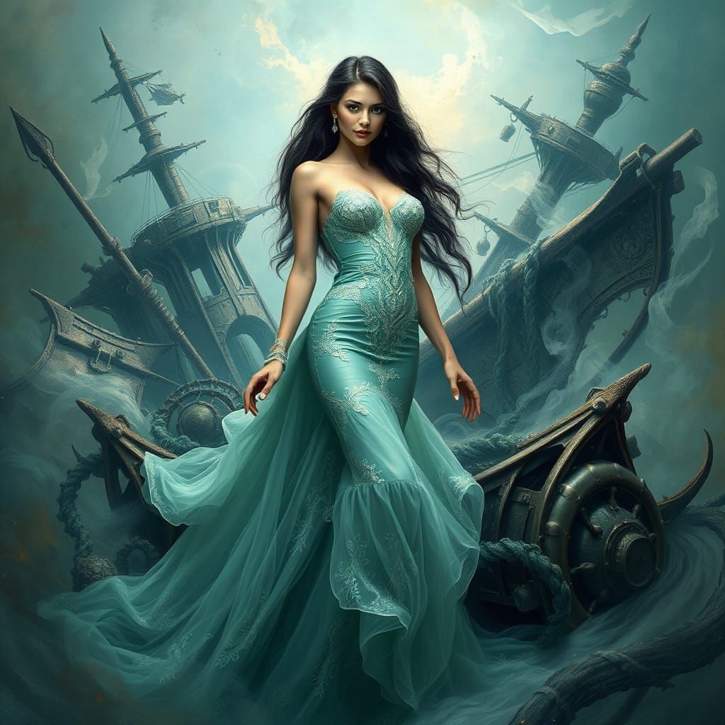 Ethereal Siren in Surrealist Shipwreck Scene