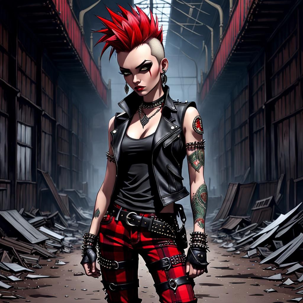 Punk Girl with Mohawk in Warehouse, Hyperdetailed Concept Ar...