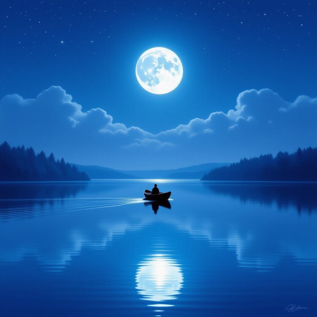 Tranquil Lake Under Luminous Moonlit Night Sky