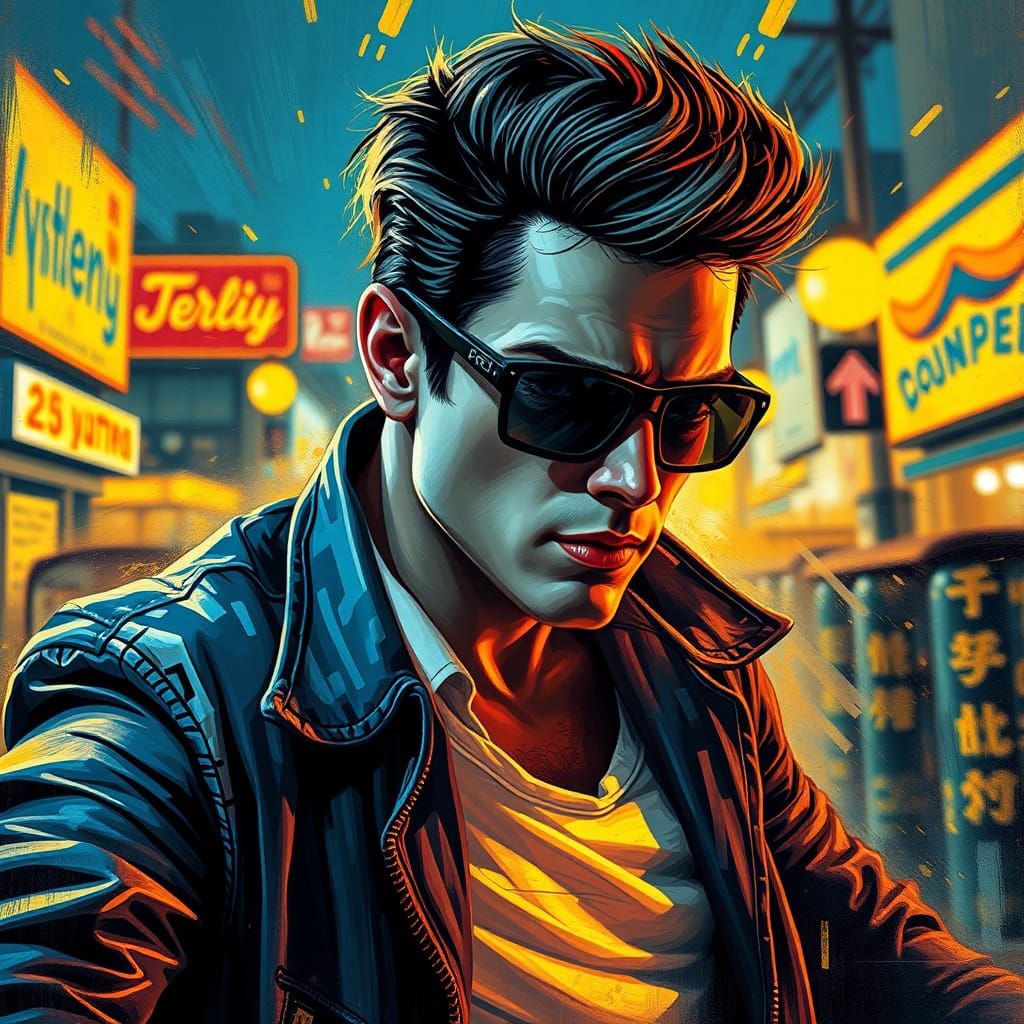 Dynamic 1950s Greaser in Art Deco Ukiyo-e Style