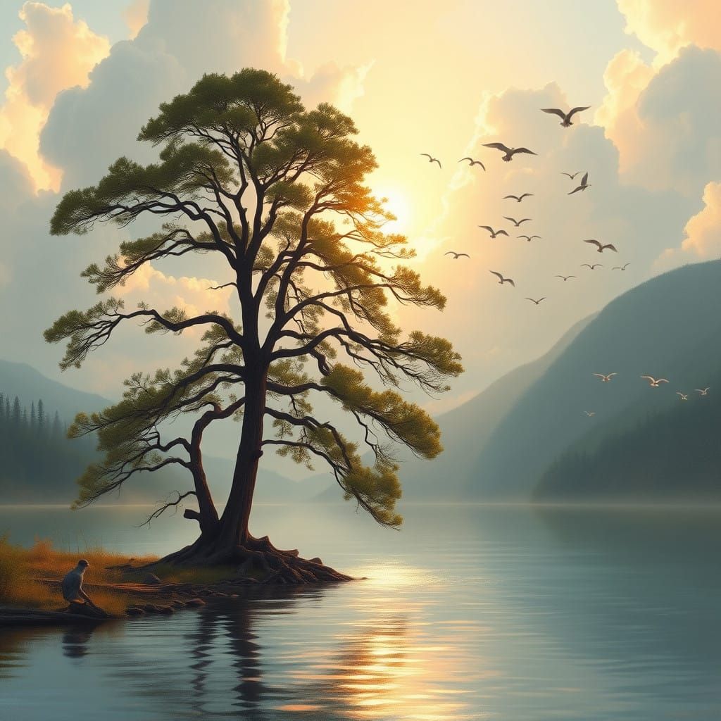 Romanticized American West Landscape with Majestic Tree and...