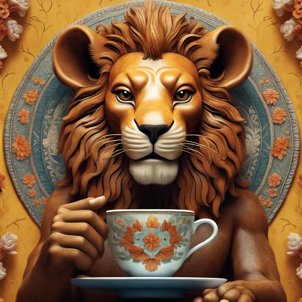 Lion Enjoying Coffee in Frida Kahlo Style