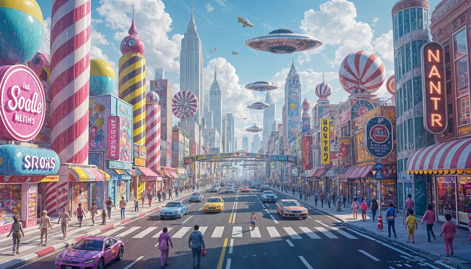Futuristic Candy Metropolis with Gummy Bear Pedestrians