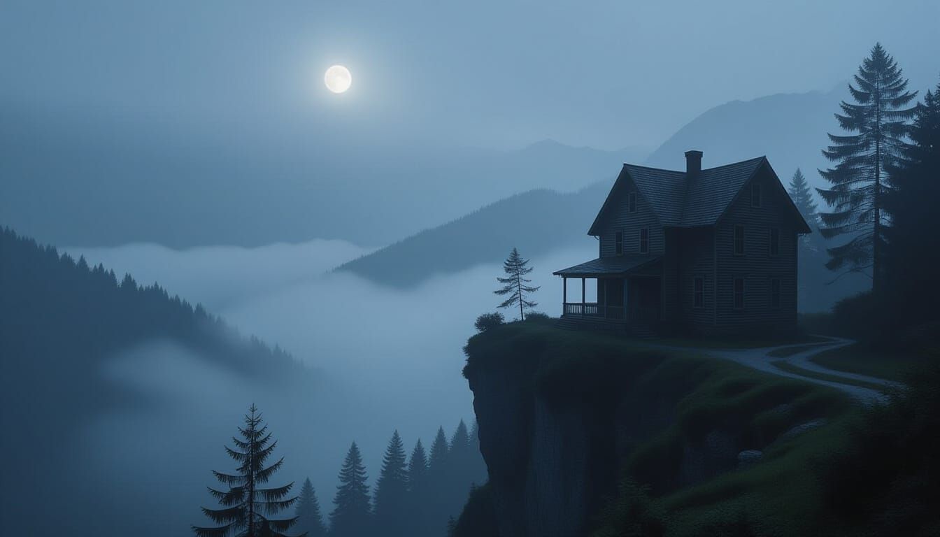 Eerie Foggy Mountain House in Moonlight