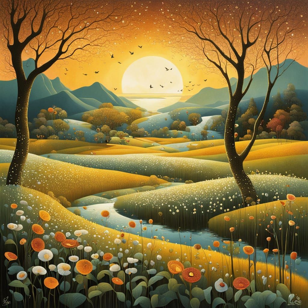 Spring Sunrise Nature Scene in Klimt Style