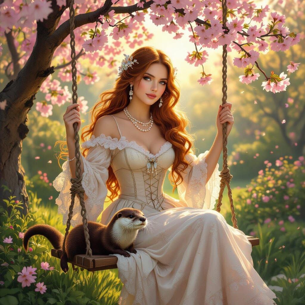 Baroque Woman with Otter in Cherry Garden