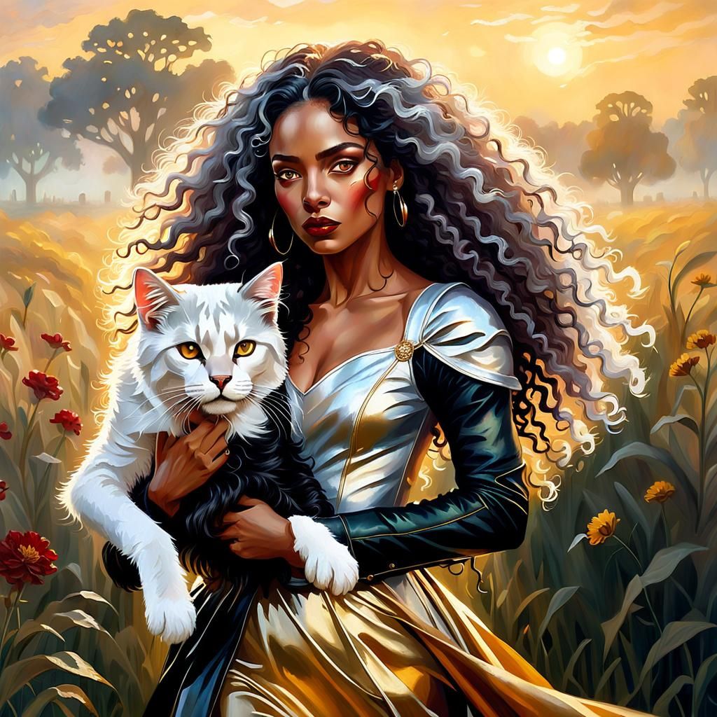 Feline Humanoid Carries Woman in Floral Field Oil Painting
