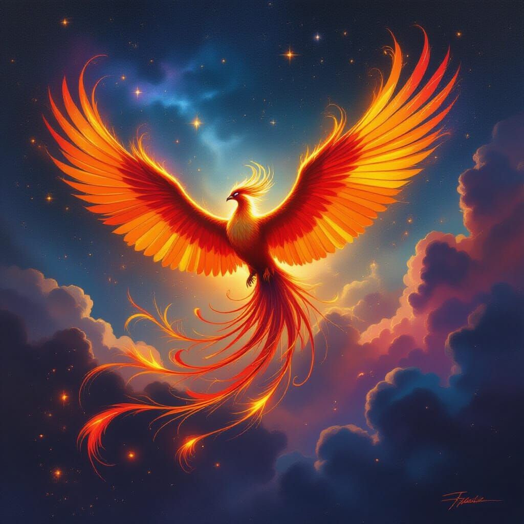 Majestic Phoenix Soars Through Nebula Sky