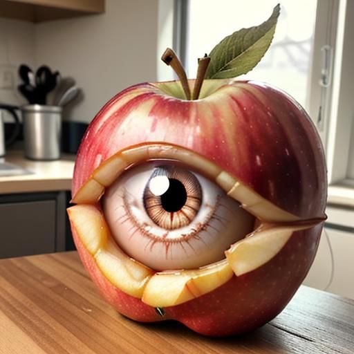 Surreal Apple with Human Eye in Kitchen